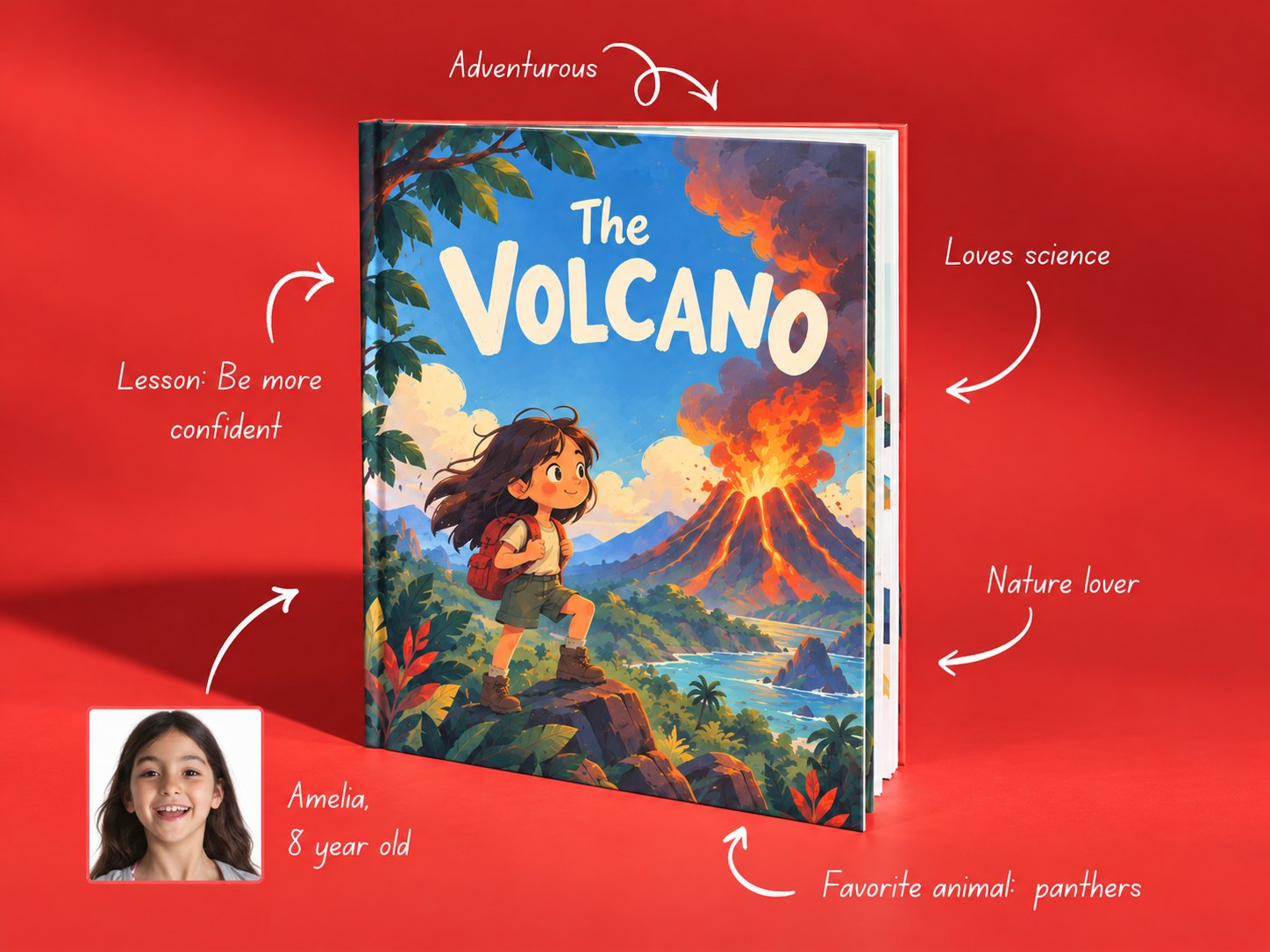 Personalized children's book featuring an illustrated volcano adventure
