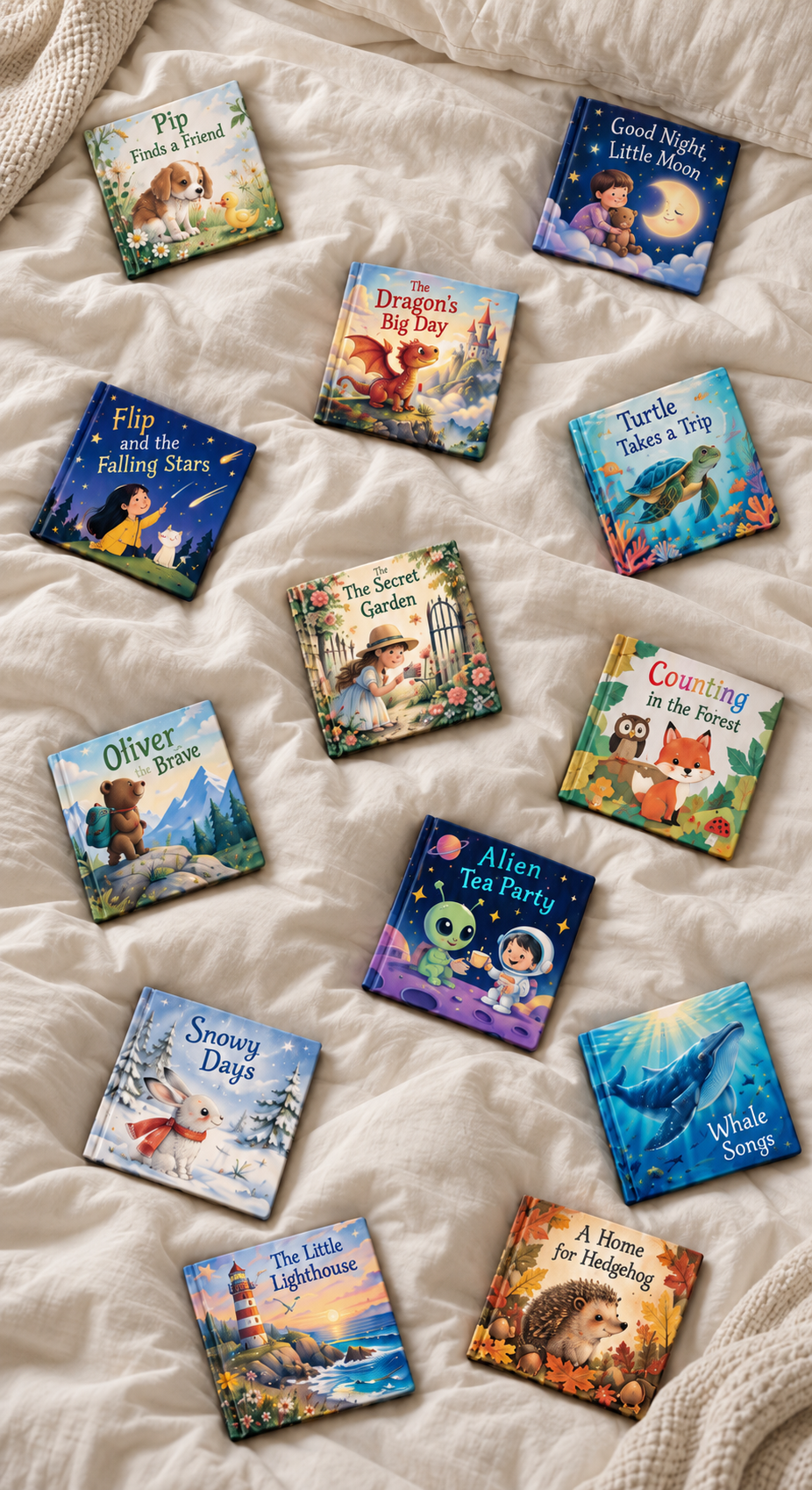Colorful illustrated children's storybooks arranged on a cozy bed