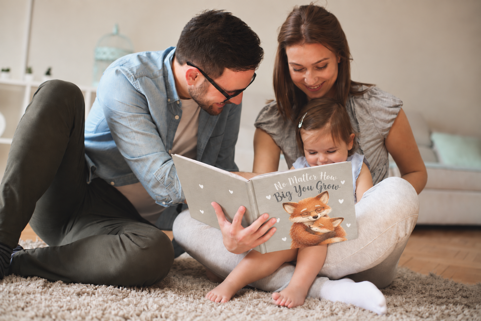 Parents reading a storybook with their young child